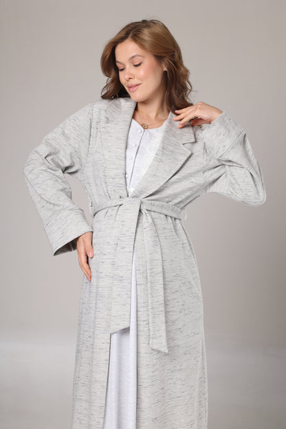 Kışlık Triko Sabahlıklı Emzirme Bölmeli Gecelik Takımı Gri - 1021
