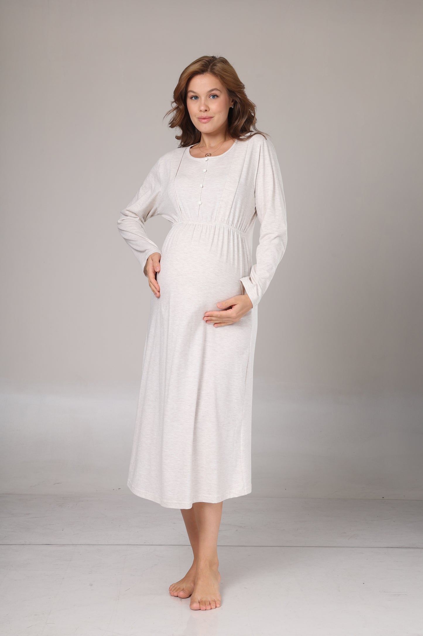 Triko Yumuşak Dokulu Sabahlıklı Emzirme Düğmeli Gecelik Takımı Bej - 1020