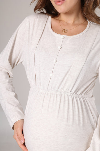 Triko Yumuşak Dokulu Sabahlıklı Emzirme Düğmeli Gecelik Takımı Bej - 1020