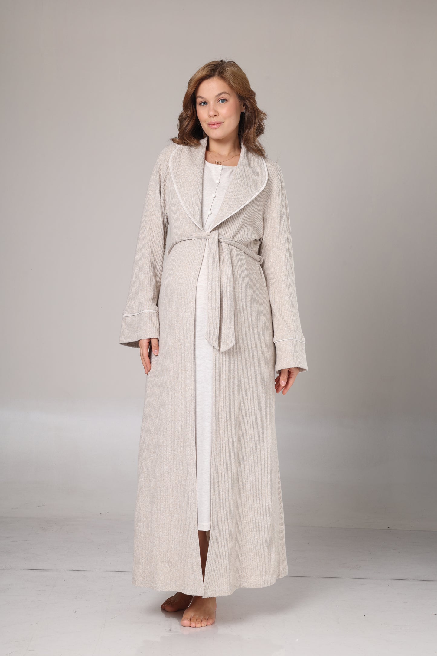 Triko Yumuşak Dokulu Sabahlıklı Emzirme Düğmeli Gecelik Takımı Bej - 1020