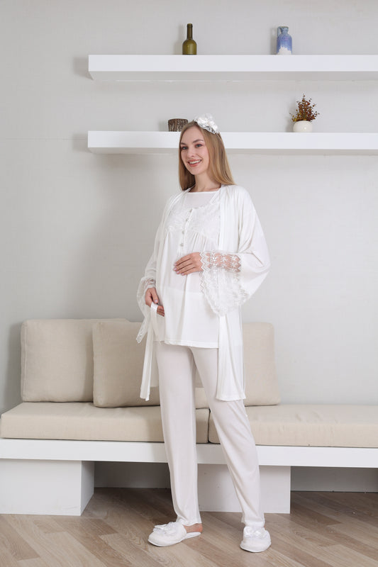 Volan Kol Sabahlıklı Lohusa Pijama Takımı - 3431