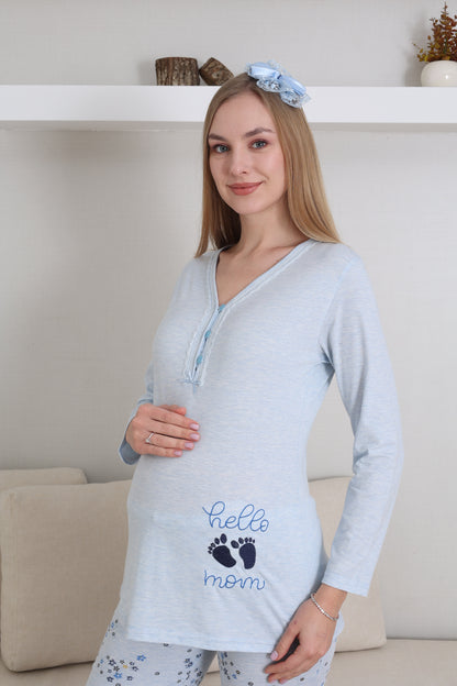 Baby Foot Baskılı Önden Düğmeli Lohusa Hamile Pijama Takımı -  1172
