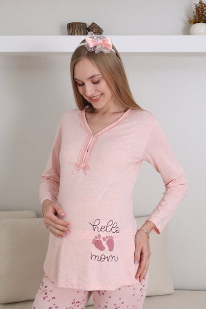 Baby Foot Baskılı Önden Düğmeli Lohusa Hamile Pijama Takımı -  1172