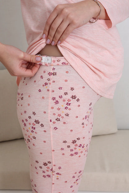 Baskılı Önden Düğmeli Lohusa Hamile Pijama Takımı -  1172