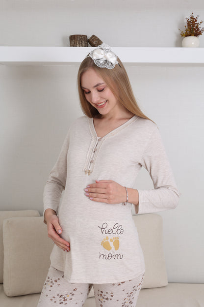 Baby Foot Baskılı Önden Düğmeli Lohusa Hamile Pijama Takımı -  1172