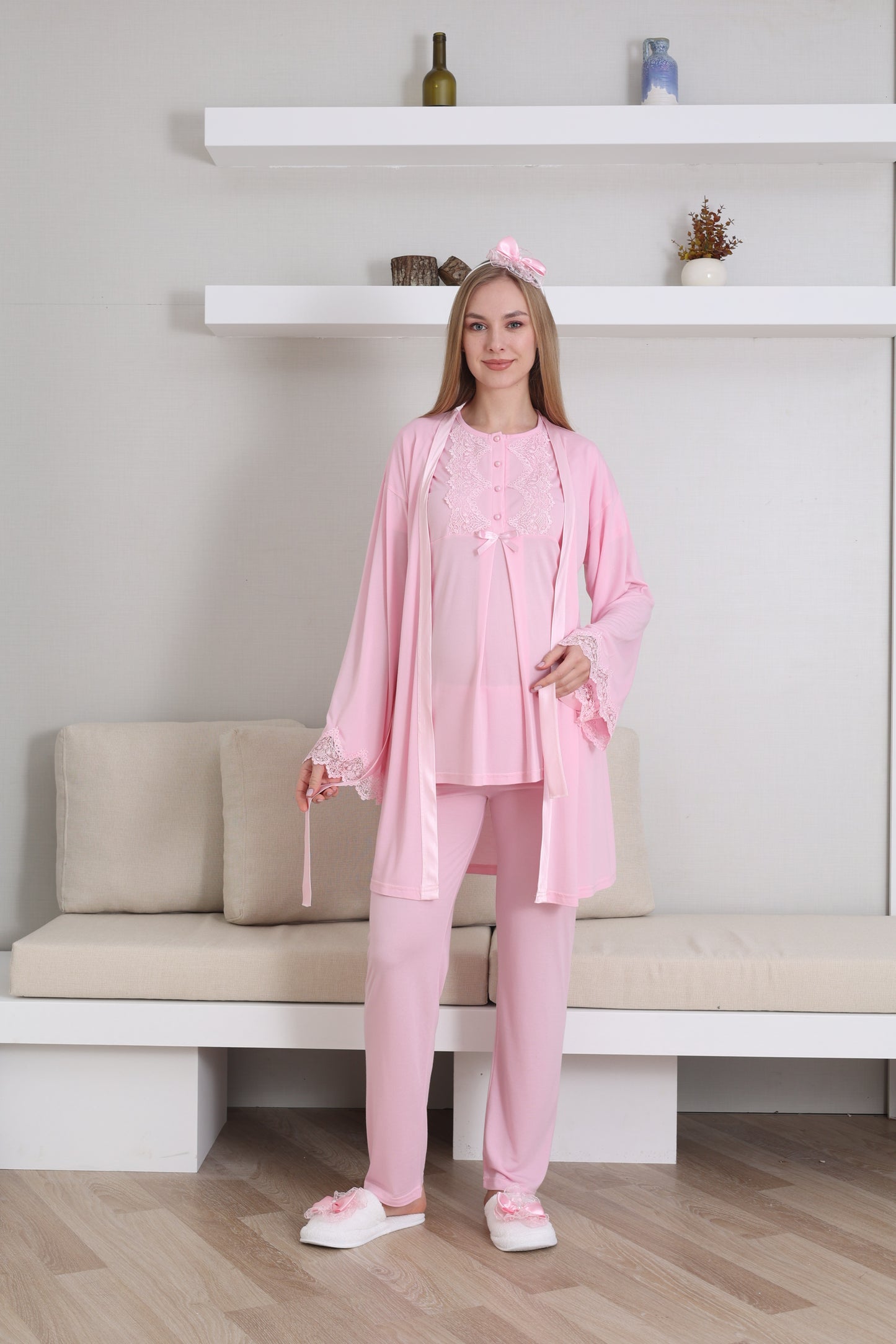 Önden Düğmeli Güpürlü Sabahlıklı Lohusa  Hamile Pijama Takımı - 3433