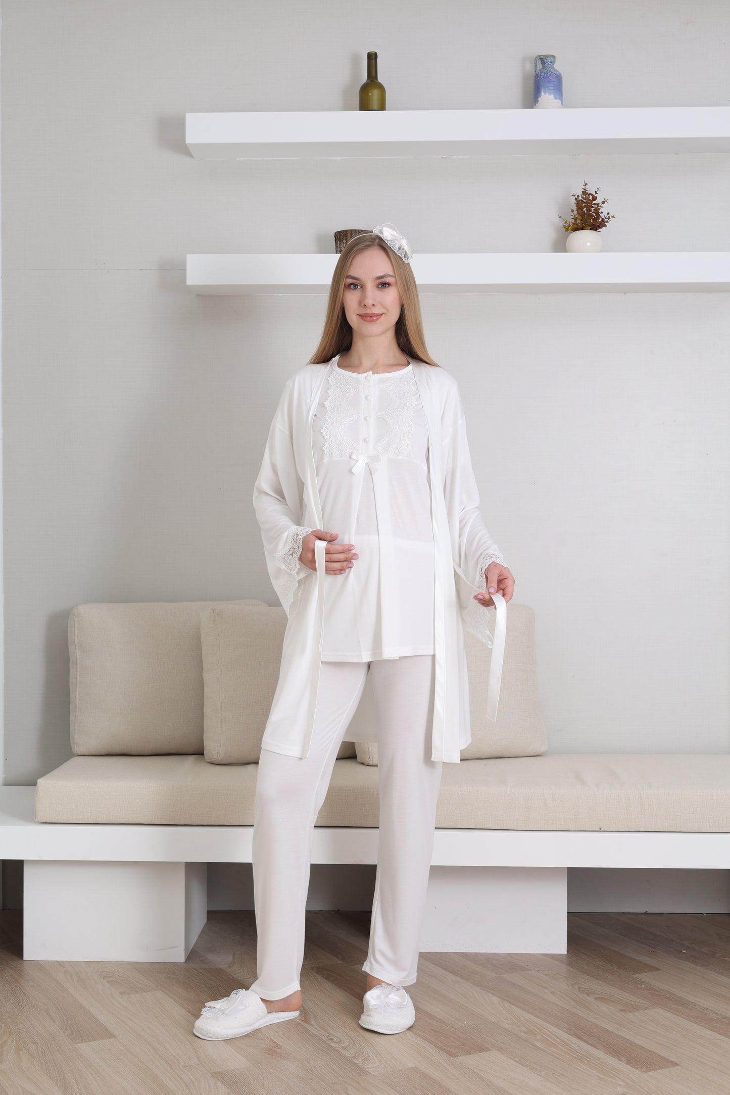 Önden Düğmeli Güpürlü Sabahlıklı Lohusa  Hamile Pijama Takımı - 3433