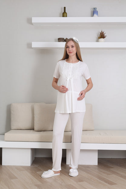 Önden Düğmeli Güpürlü Sabahlıklı Lohusa  Hamile Pijama Takımı - 3433