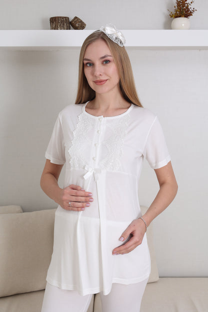 Önden Düğmeli Güpürlü Sabahlıklı Lohusa  Hamile Pijama Takımı - 3433