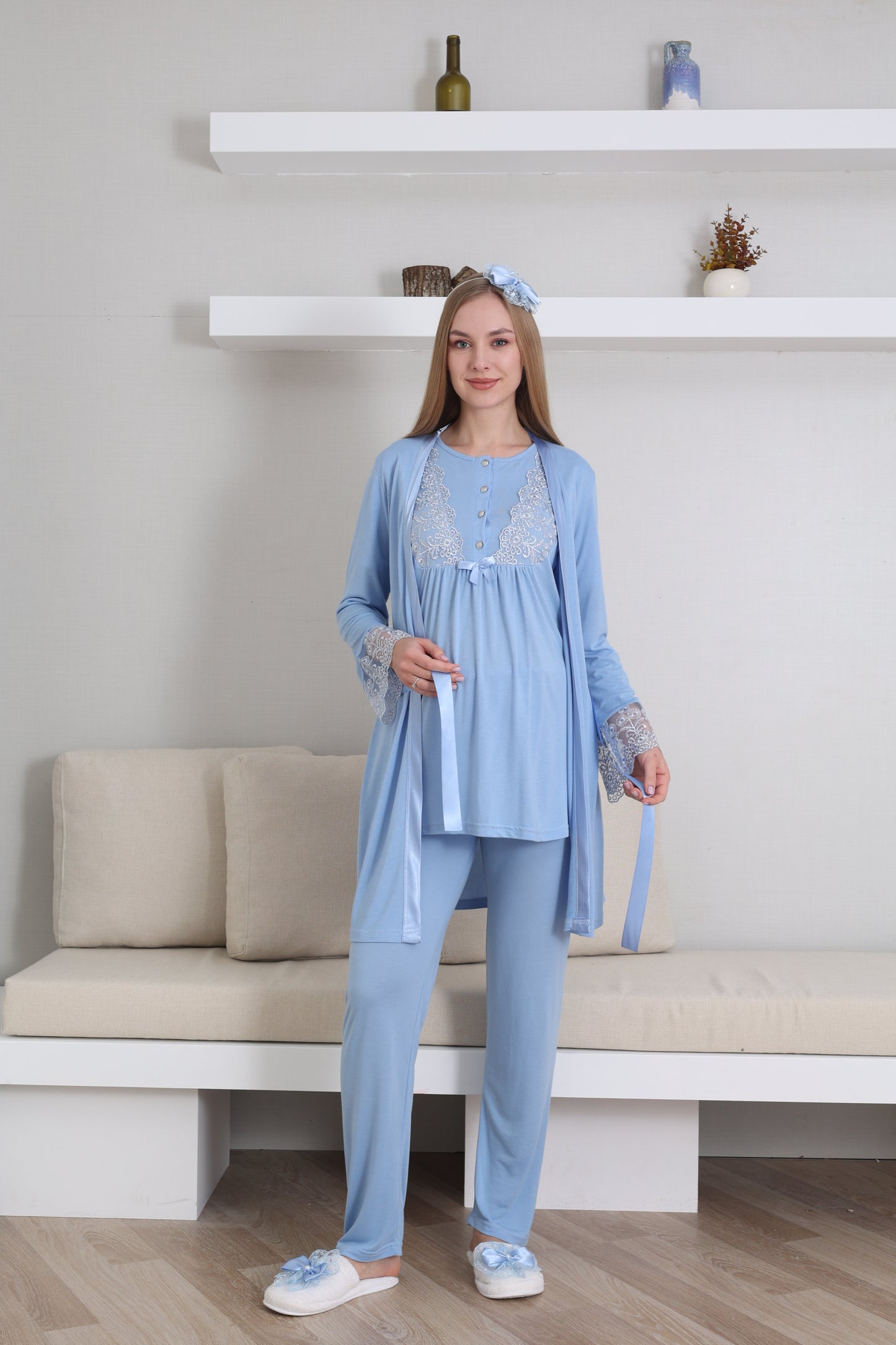 Dantelli Yaka  Sabahlıklı Lohusa Pijama Takımı - 3434