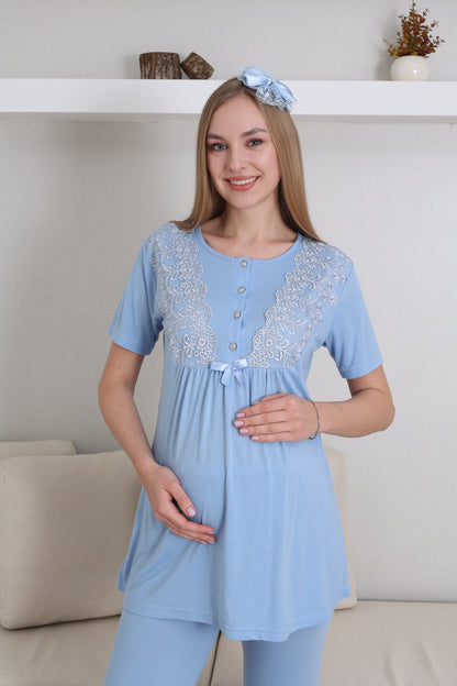 Dantelli Yaka  Sabahlıklı Lohusa Pijama Takımı - 3434