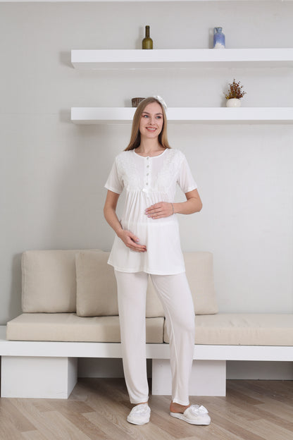Dantelli Yaka  Sabahlıklı Lohusa Pijama Takımı - 3434