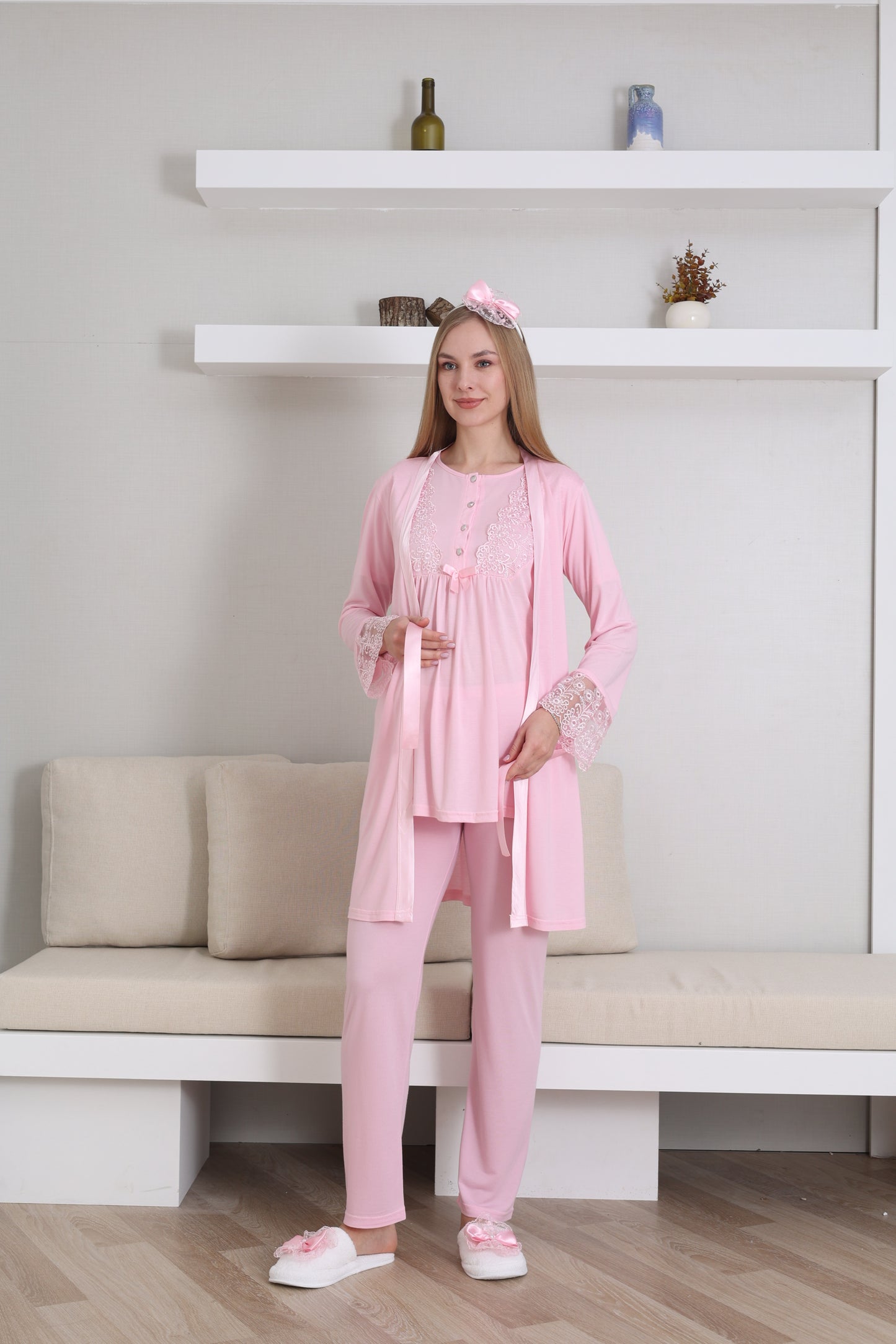 Dantelli Yaka  Sabahlıklı Lohusa Pijama Takımı - 3434