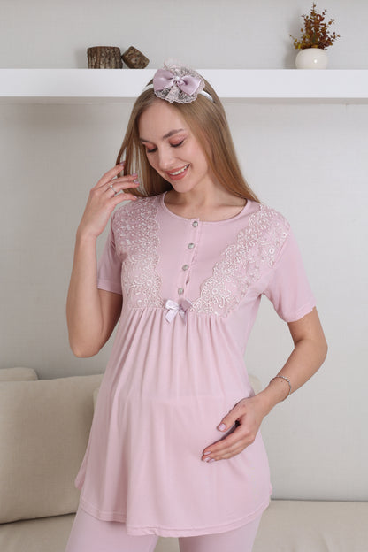 Dantelli Yaka  Sabahlıklı Lohusa Pijama Takımı - 3434