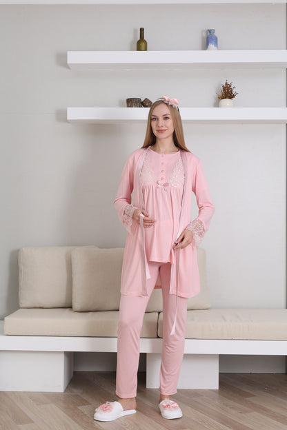 Dantelli Yaka  Sabahlıklı Lohusa Pijama Takımı - 3434