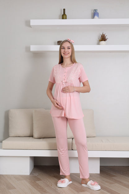 Dantelli Yaka  Sabahlıklı Lohusa Pijama Takımı - 3434