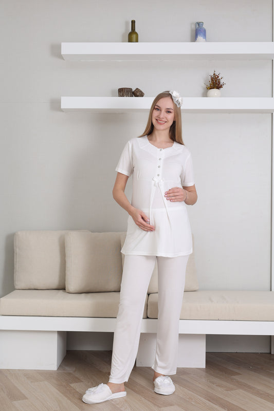 V Yaka Sabahlıklı Lohusa Pijama Takımı - 3435