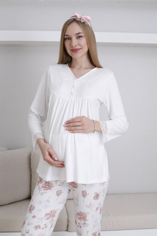 Dantel Detay Önden Düğmeli  Lohusa Hamile Pijama Takımı - 1173