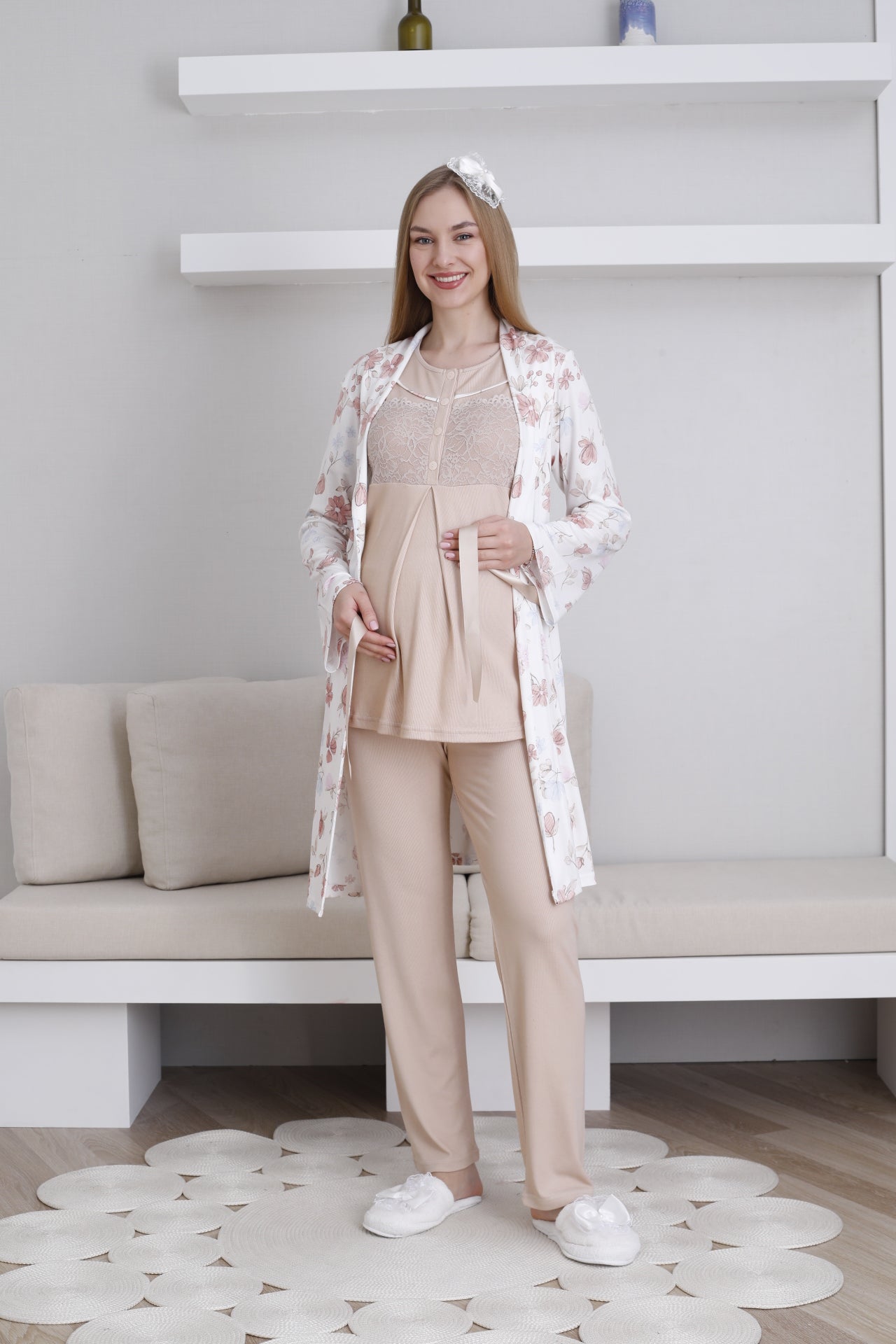 Önden Düğmeli Çiçek Baskılı Sabahlıklı Lohusa Pijama Takımı - 3436