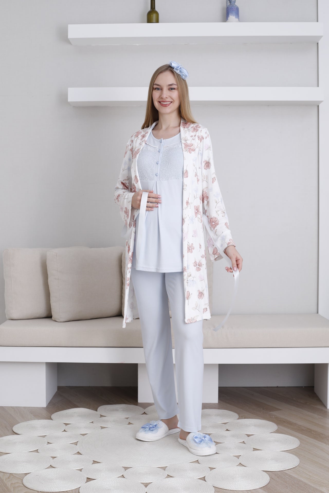 Önden Düğmeli Çiçek Baskılı Sabahlıklı Lohusa Pijama Takımı - 3436