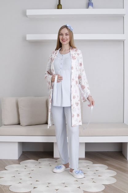 Önden Düğmeli Çiçek Baskılı Sabahlıklı Lohusa Pijama Takımı - 3436