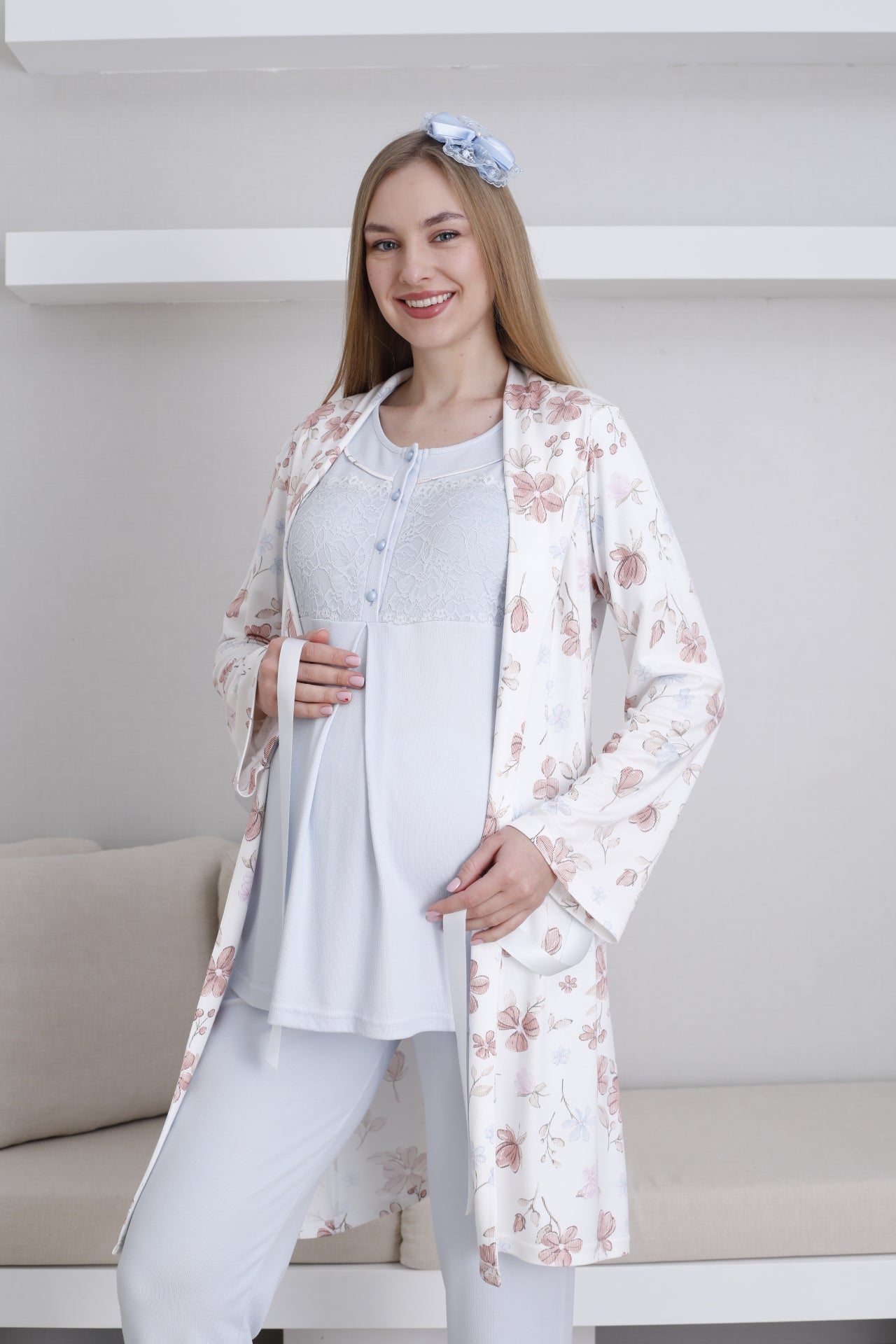 Önden Düğmeli Çiçek Baskılı Sabahlıklı Lohusa Pijama Takımı - 3436