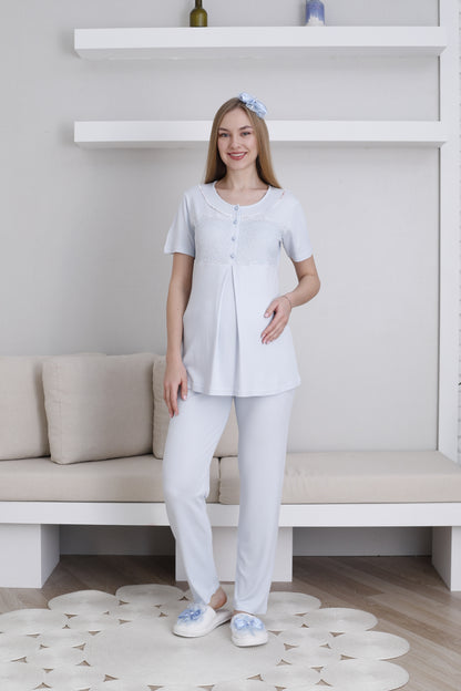 Önden Düğmeli Çiçek Baskılı Sabahlıklı Lohusa Pijama Takımı - 3436