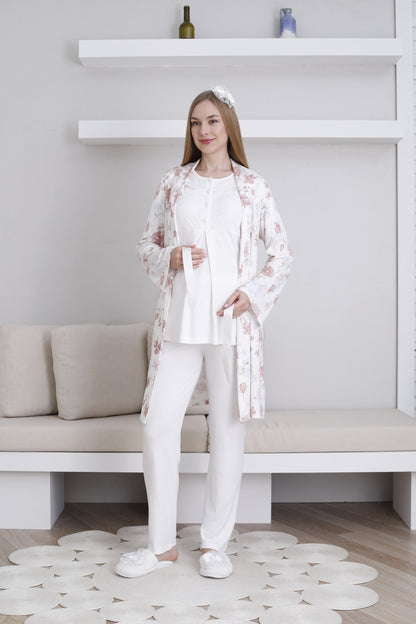 Önden Düğmeli Çiçek Baskılı Sabahlıklı Lohusa Pijama Takımı - 3436