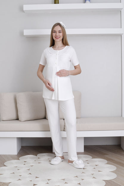 Önden Düğmeli Çiçek Baskılı Sabahlıklı Lohusa Pijama Takımı - 3436