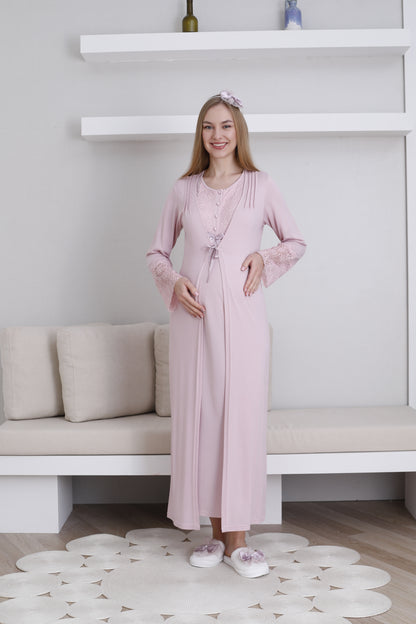 Güpürlü Dantelli Kol Sabahlıklı Lohusa Gecelik Takımı - 2291