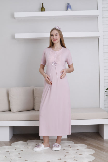 Güpürlü Dantelli Kol Sabahlıklı Lohusa Gecelik Takımı - 2291