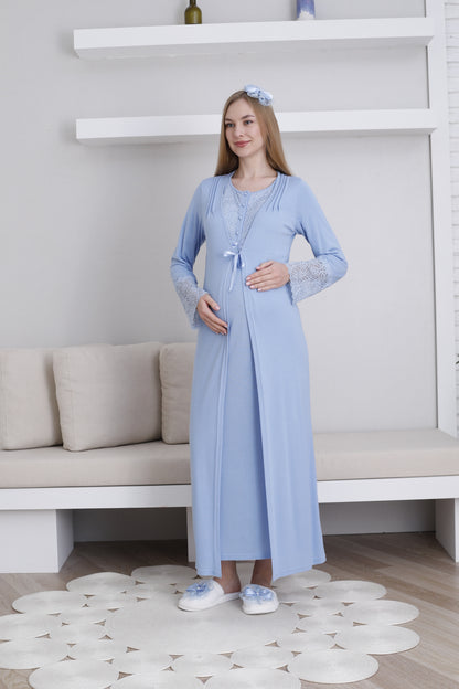 Güpürlü Dantelli Kol Sabahlıklı Lohusa Gecelik Takımı - 2291