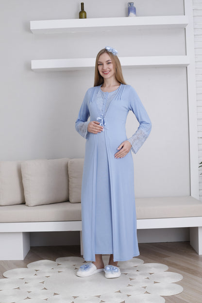 Güpürlü Dantelli Kol Sabahlıklı Lohusa Gecelik Takımı - 2291