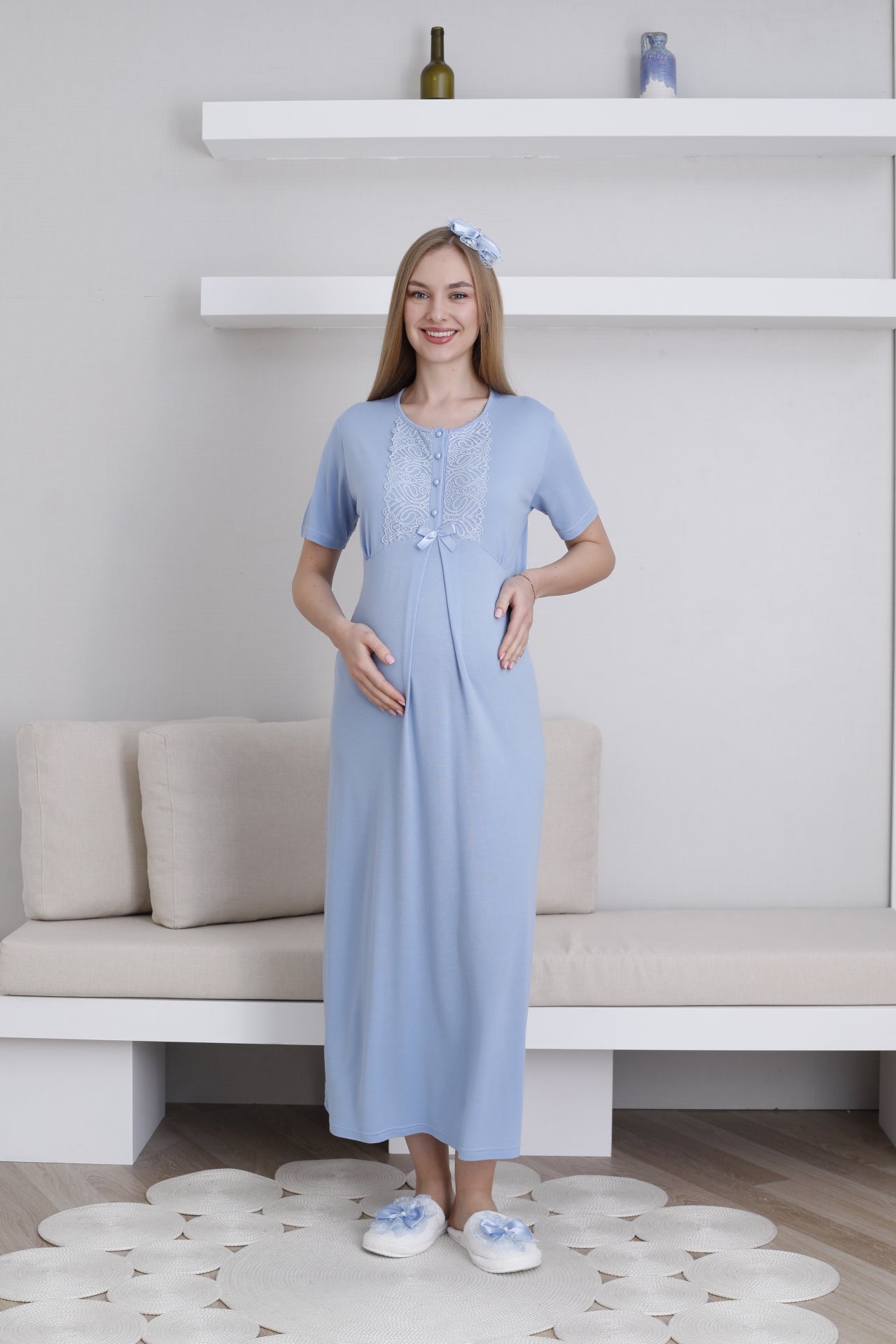 Güpürlü Dantelli Kol Sabahlıklı Lohusa Gecelik Takımı - 2291