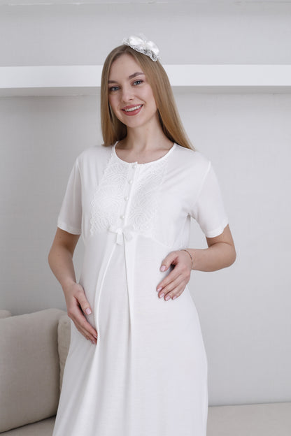 Güpürlü Dantelli Kol Sabahlıklı Lohusa Gecelik Takımı - 2291