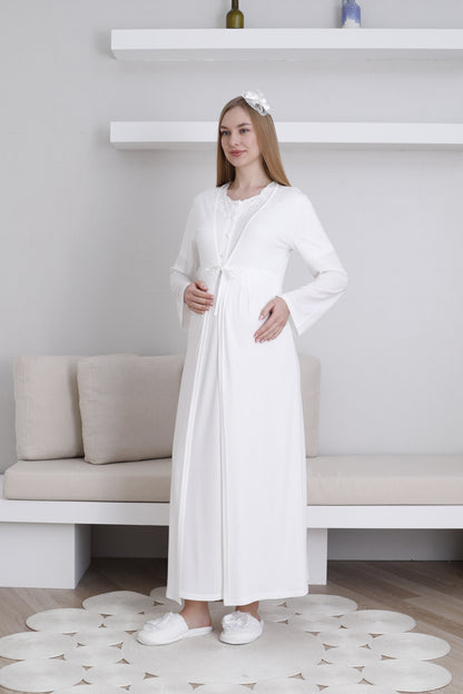 Dantelli Yaka Sabahlıklı Lohusa Gecelik Takımı - 2292