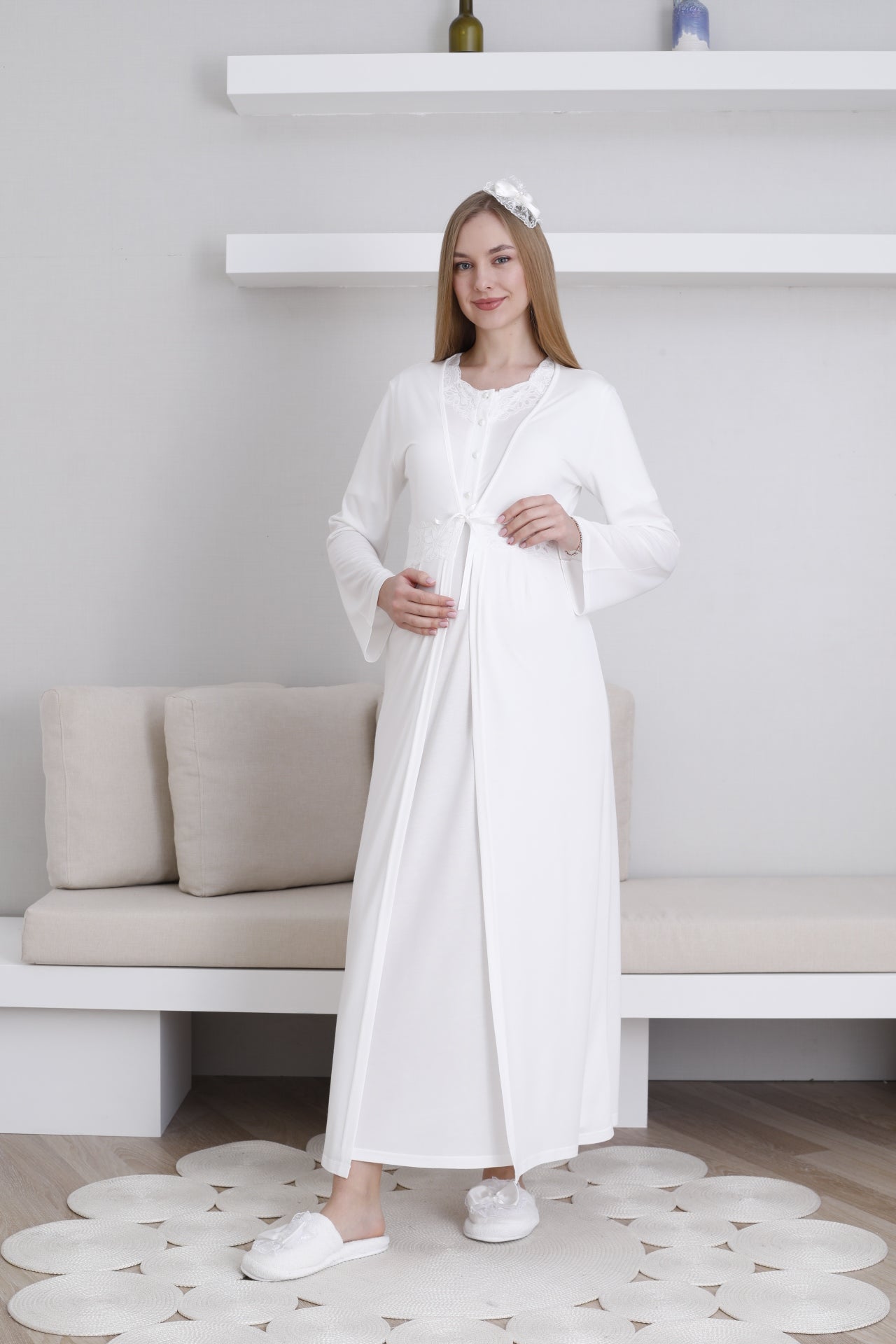 Dantelli Yaka Sabahlıklı Lohusa Gecelik Takımı - 2292