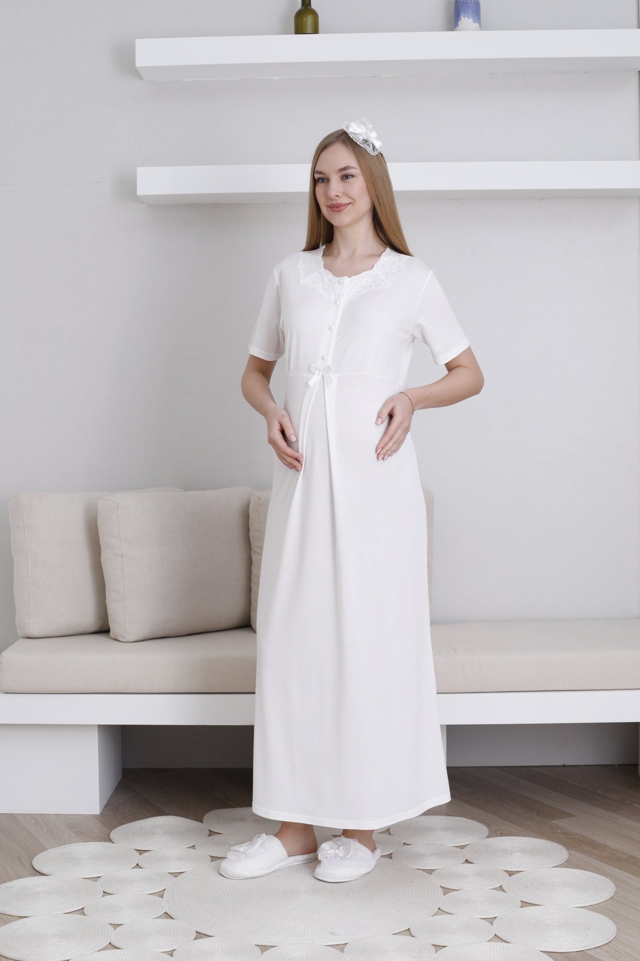 Dantelli Yaka Sabahlıklı Lohusa Gecelik Takımı - 2292