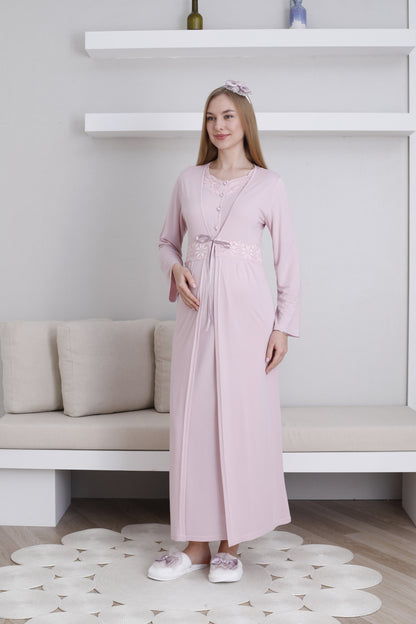 Dantelli Yaka Sabahlıklı Lohusa Gecelik Takımı - 2292