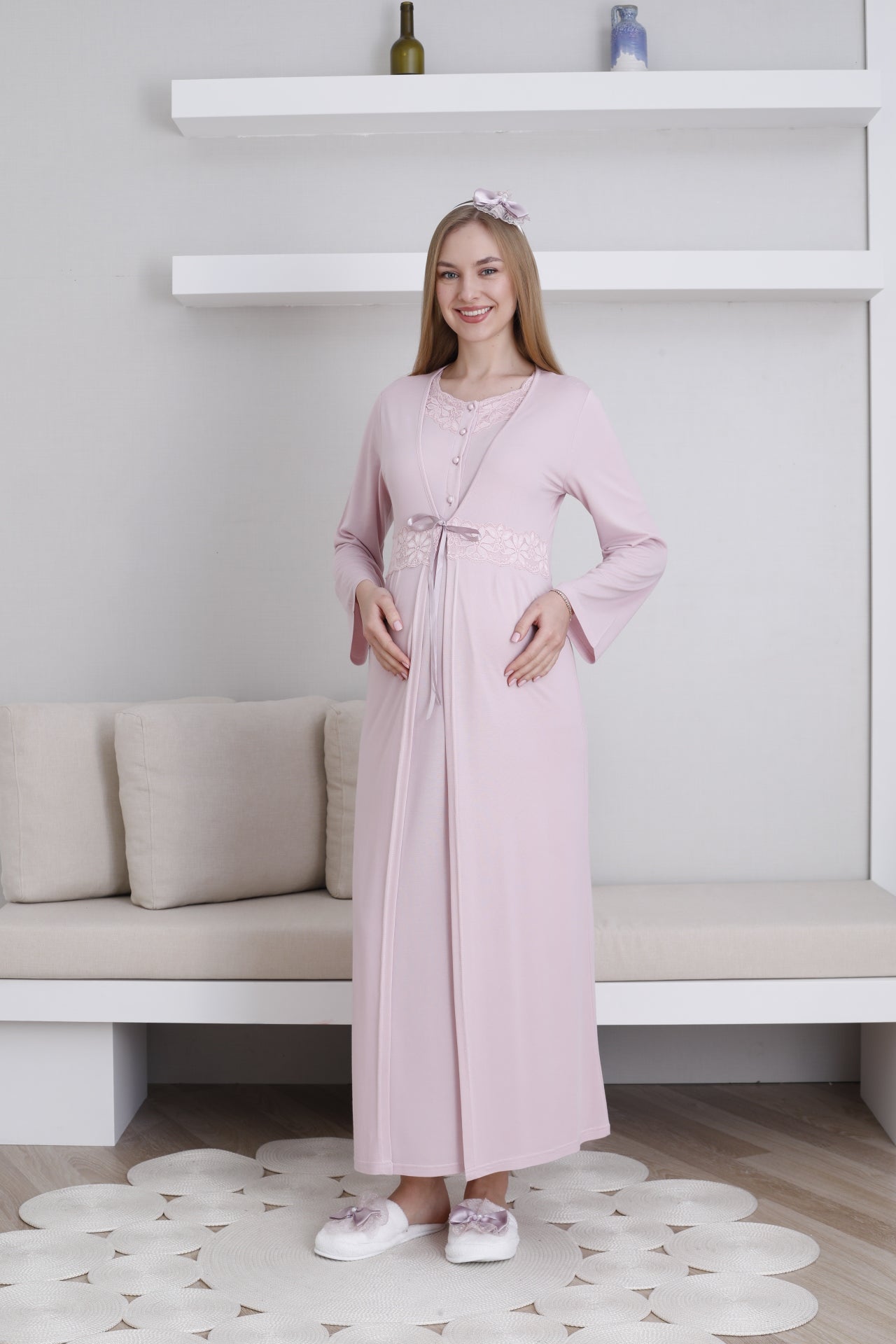 Dantelli Yaka Sabahlıklı Lohusa Gecelik Takımı - 2292