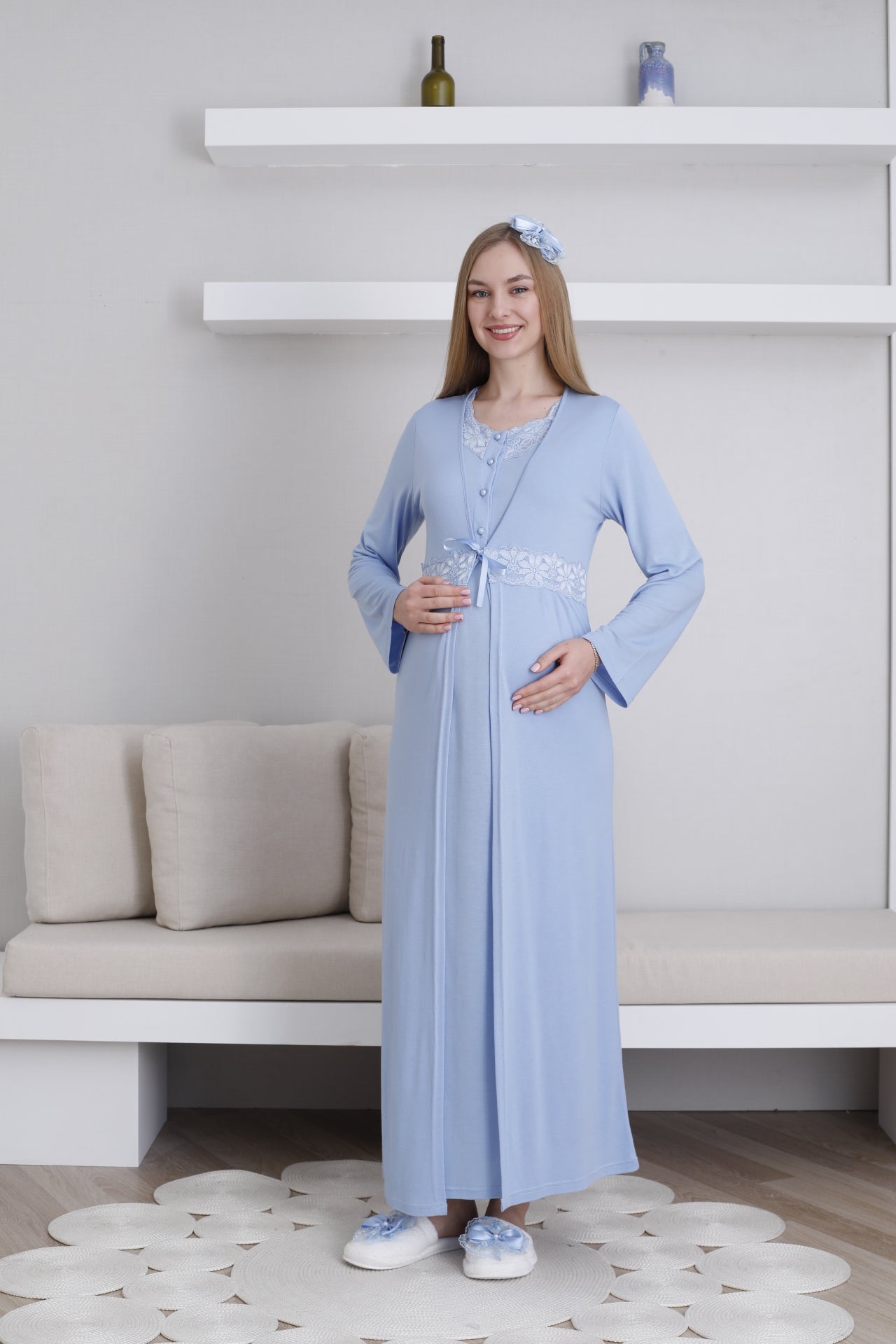 Dantelli Yaka Sabahlıklı Lohusa Gecelik Takımı - 2292