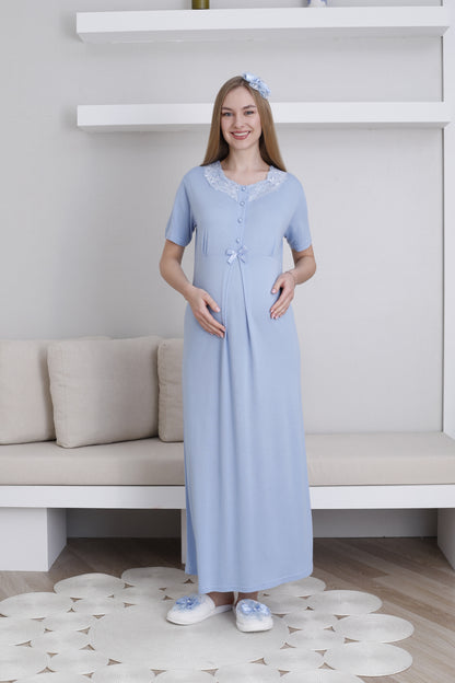 Dantelli Yaka Sabahlıklı Lohusa Gecelik Takımı - 2292