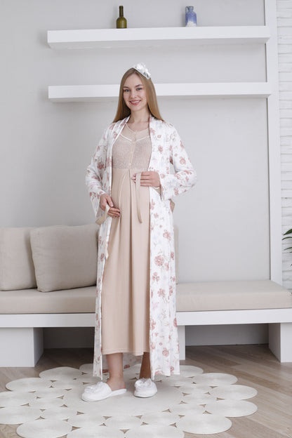 Lilyum Baskılı Sabahlıklı Lohusa Gecelik Takımı - 2294