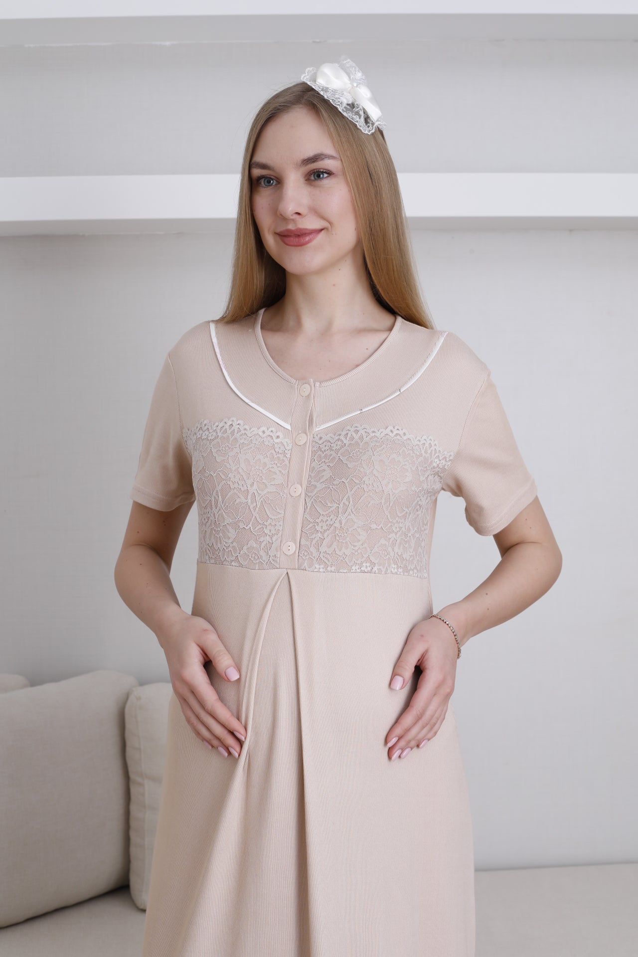 Lilyum Baskılı Sabahlıklı Lohusa Gecelik Takımı - 2294