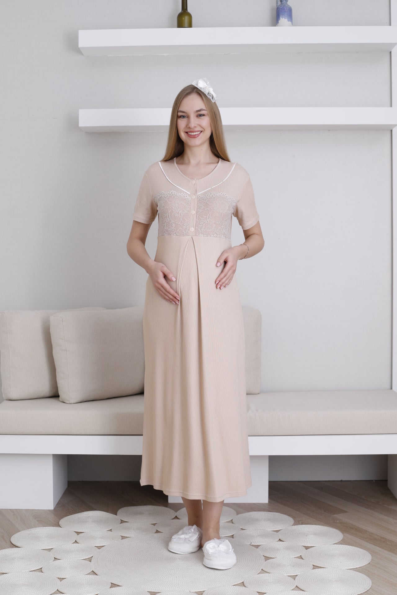 Lilyum Baskılı Sabahlıklı Lohusa Gecelik Takımı - 2294