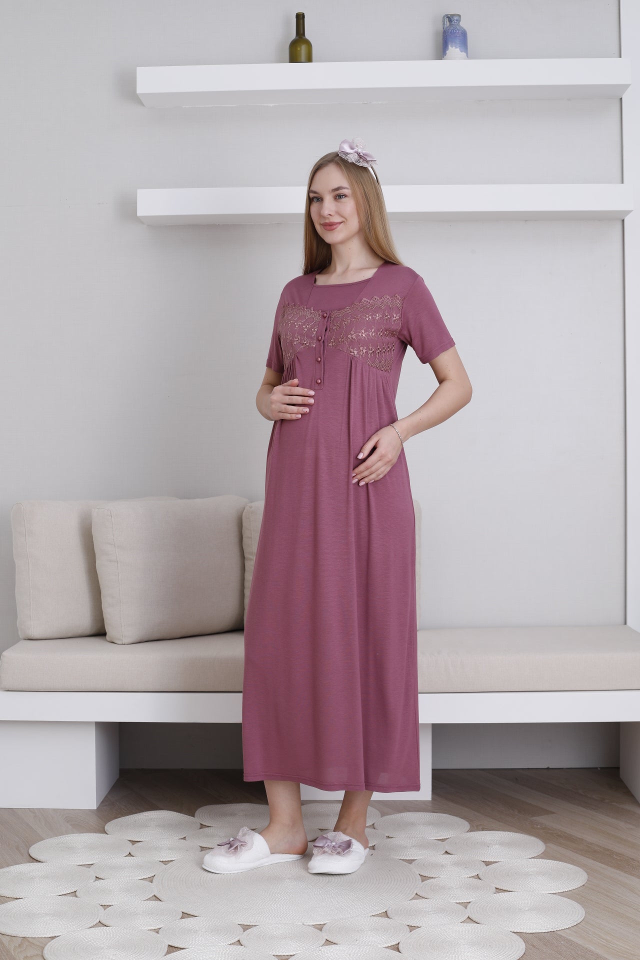 Dantelli Kol Sabahlıklı Lohusa Gecelik Takımı - 2295