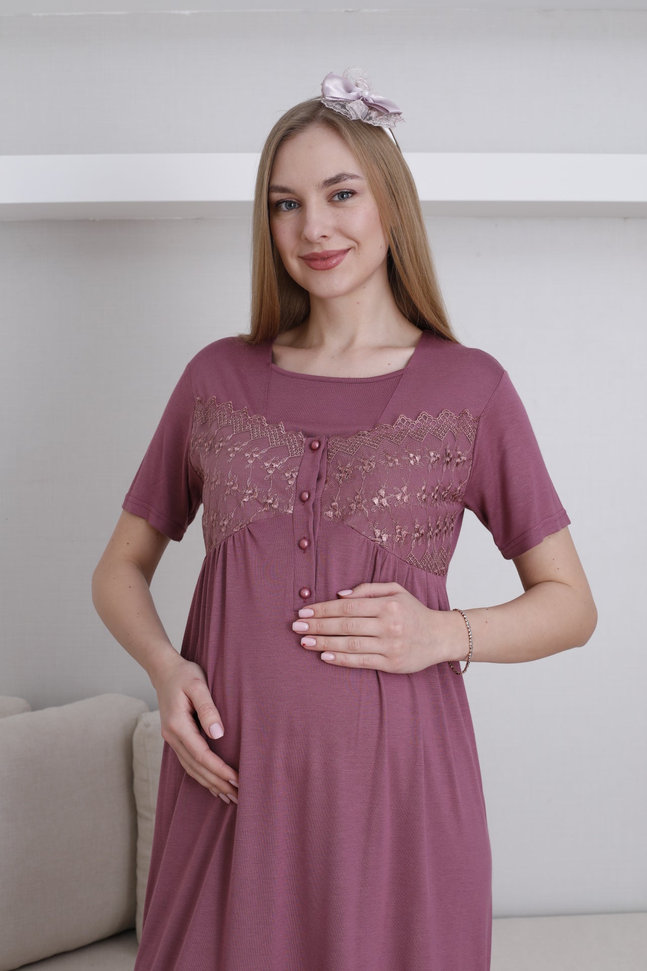 Dantelli Kol Sabahlıklı Lohusa Gecelik Takımı - 2295