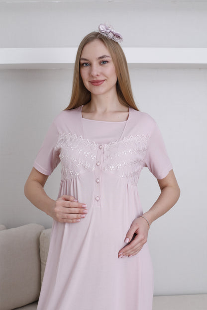 Dantelli Kol Sabahlıklı Lohusa Gecelik Takımı - 2295