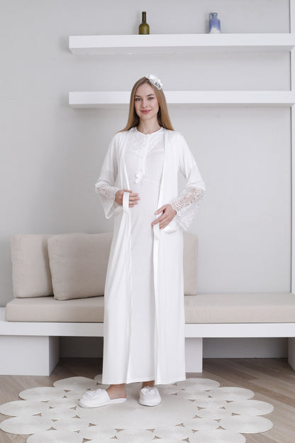 Güpürlü Yaka Dantelli Sabahlıklı Lohusa Gecelik Takımı - 2296