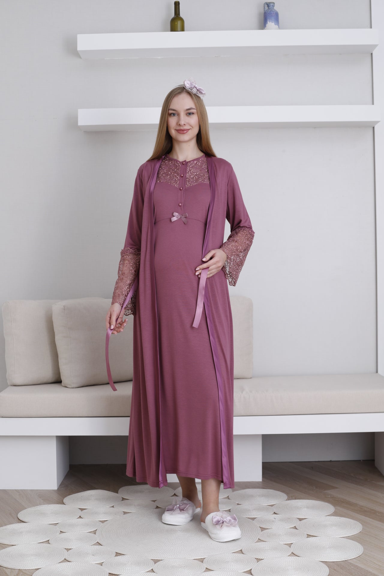 Güpürlü Yaka Dantelli Sabahlıklı Lohusa Gecelik Takımı - 2296